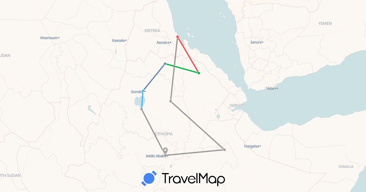 TravelMap itinerary: driving, bus, plane, cycling, hiking, boat in Eritrea, Ethiopia (Africa)